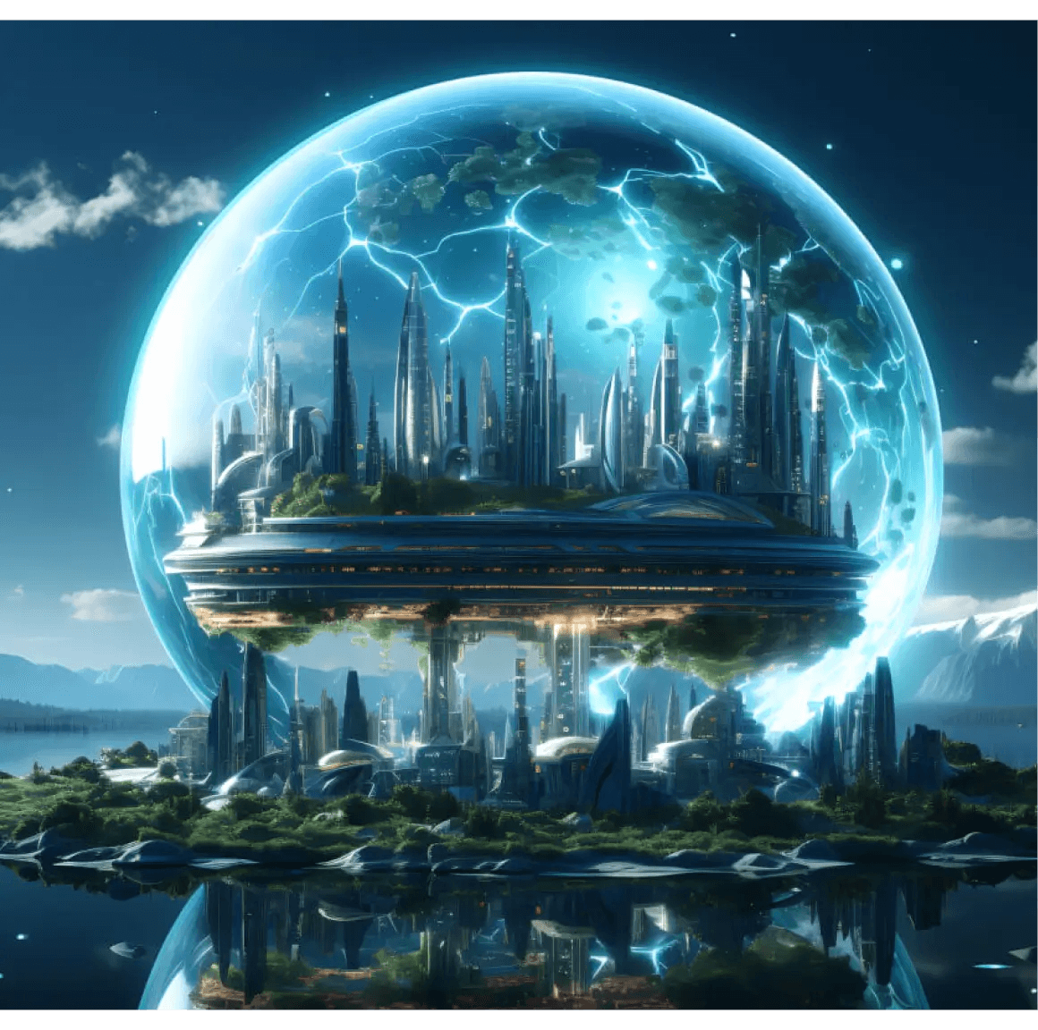 A futuristic city of glass towers under a glowing dome on a floating island, above a calm sea