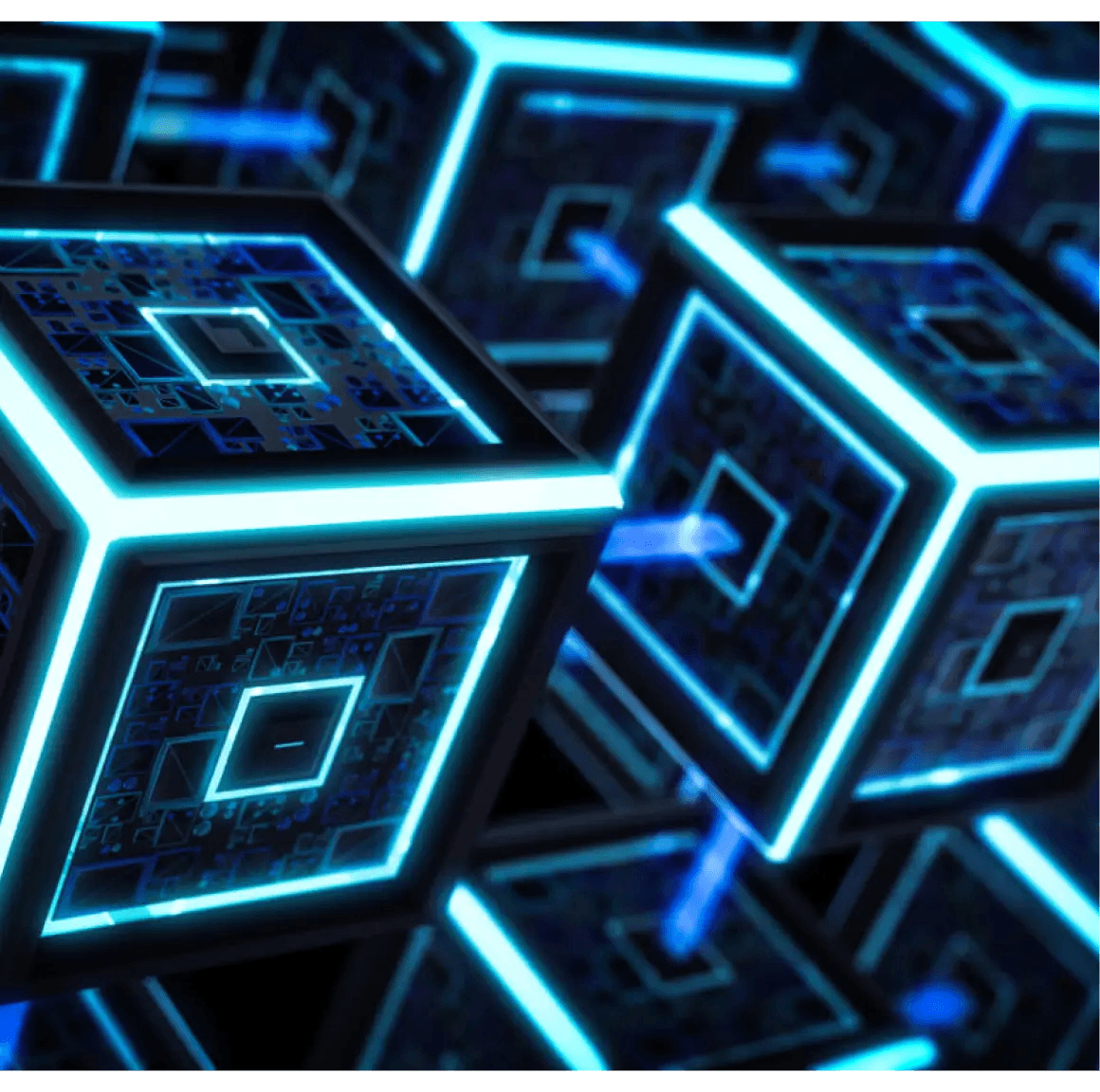 Glowing blue neon wire-frame cubes in the dark