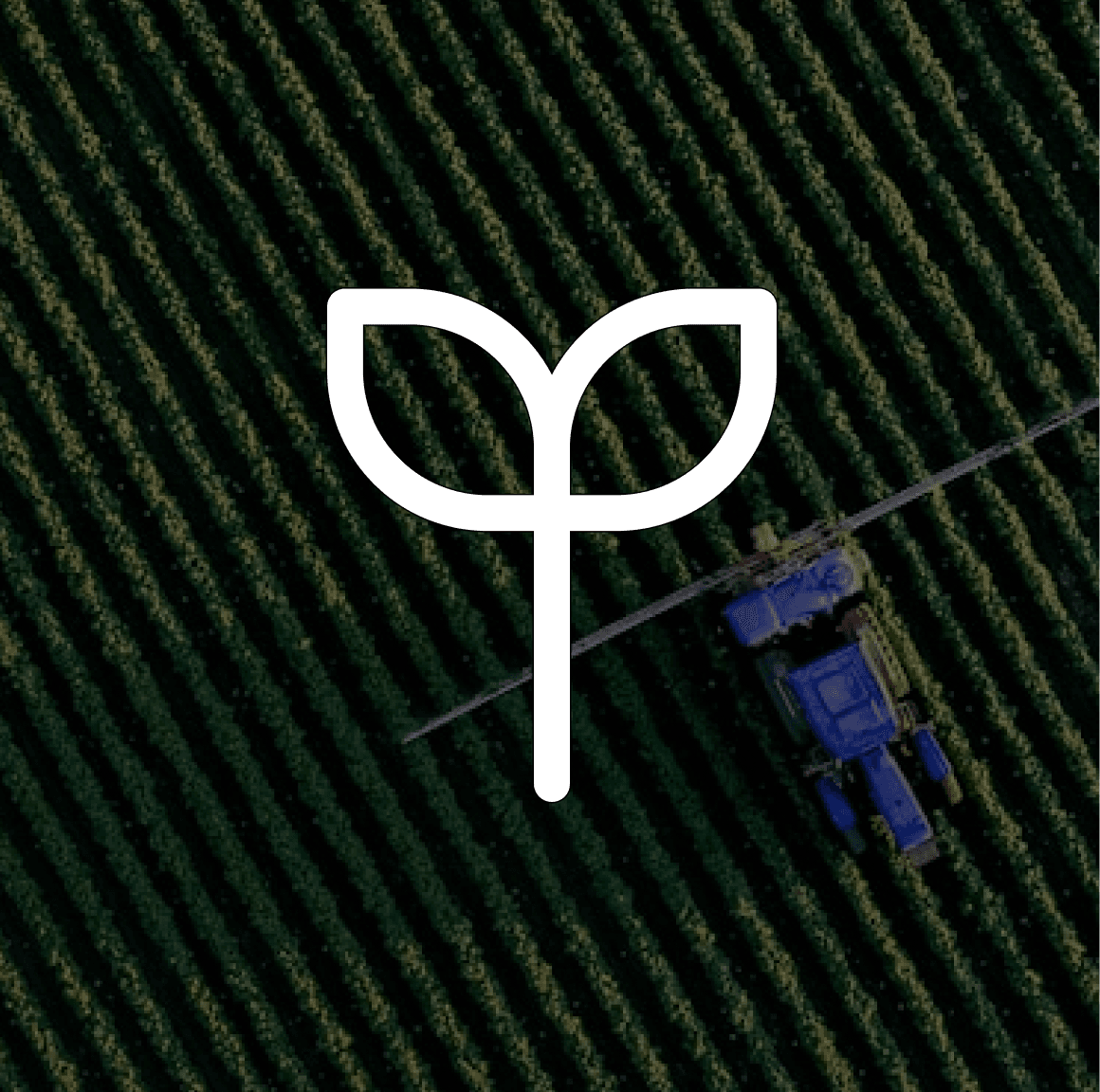 Aerial view of crop rows and a blue tractor, under a white sprout icon