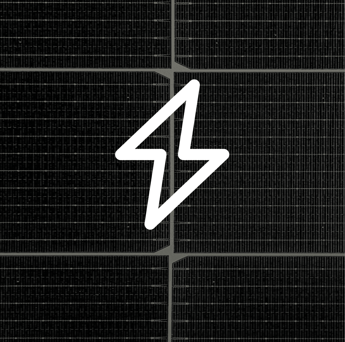 Close view of dark solar panels, under a white lightning bolt icon